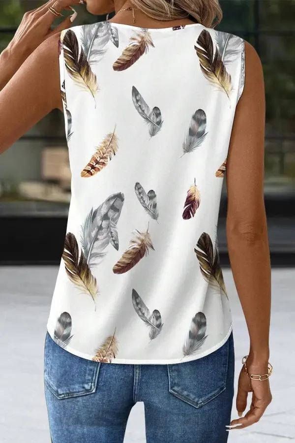 Feather Print Pleated V Neck Sleeveless Blouse