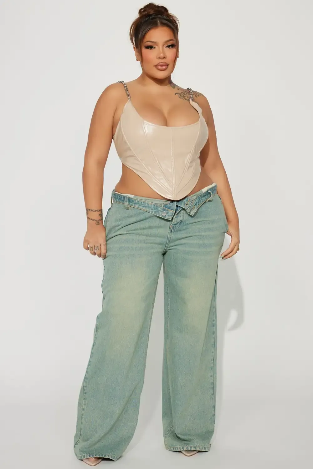 Frankie Foldover Tinted Wide Leg Jeans - Medium Wash