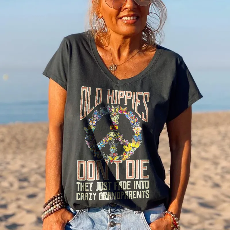 Butterflies Old Hippies Don't Die V-neck Graphic Tees