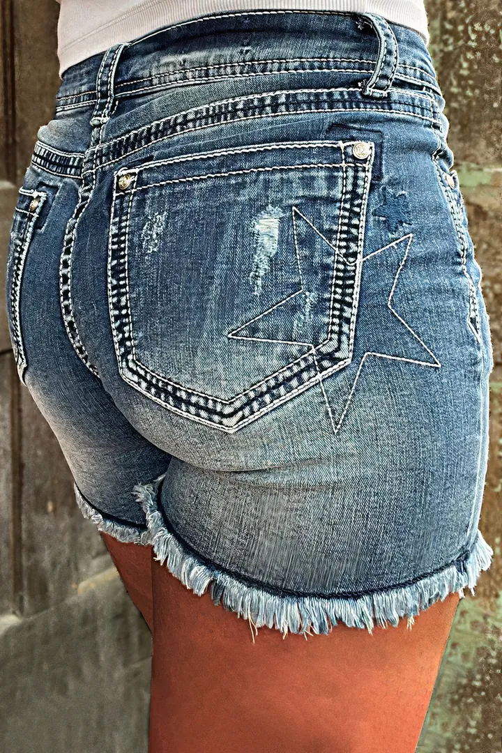 Star Pattern Ripped Raw Hem Mid Rise Denim Shorts