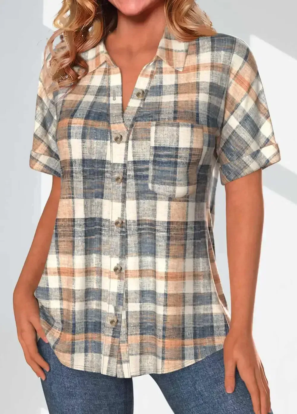 Denim Blue Pocket Short Sleeve Shirt Collar Blouse