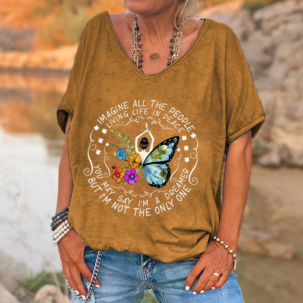 Imagine All The People Living Life In Peace Printed Women's T-shirt