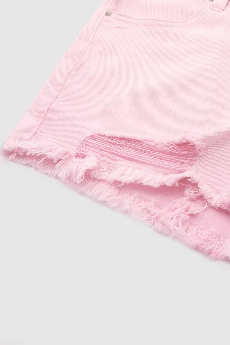 Solid Ripped Raw Hem Button Fly Mid Rise Denim Shorts