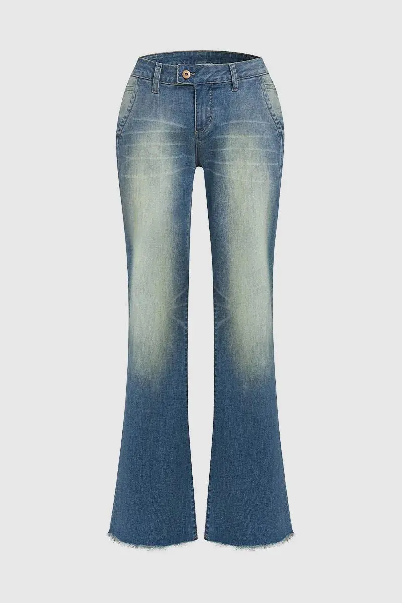 Slant Pocket Raw Hem Low Waist Flare Jeans