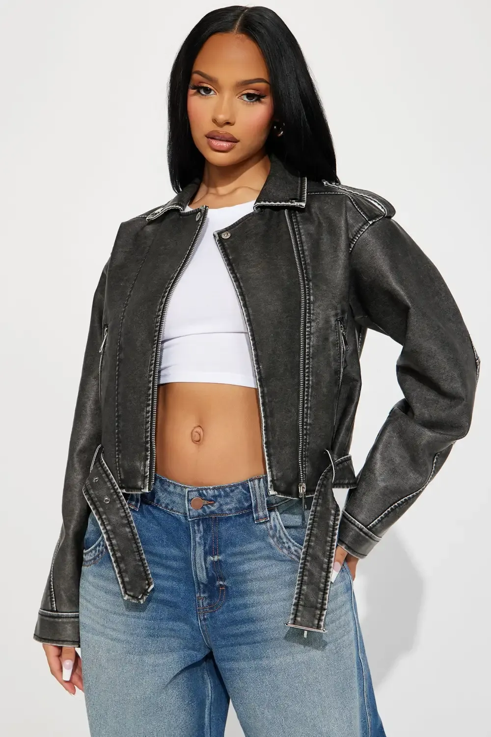 My Time Washed Faux Leather Moto Jacket - Charcoal