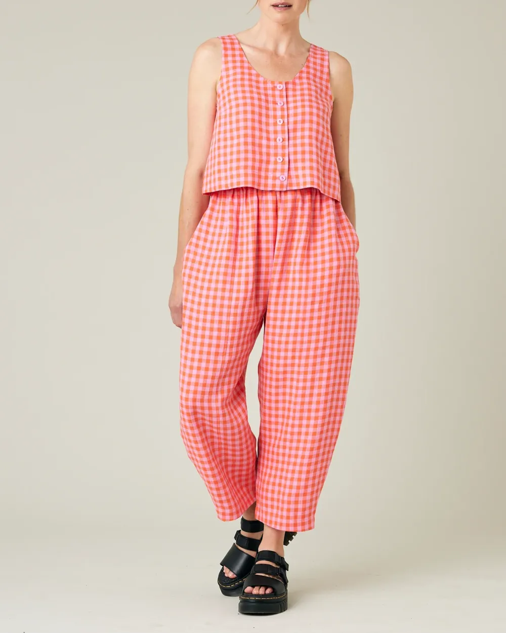 TOMATO & PINK CHECK LINEN TOP