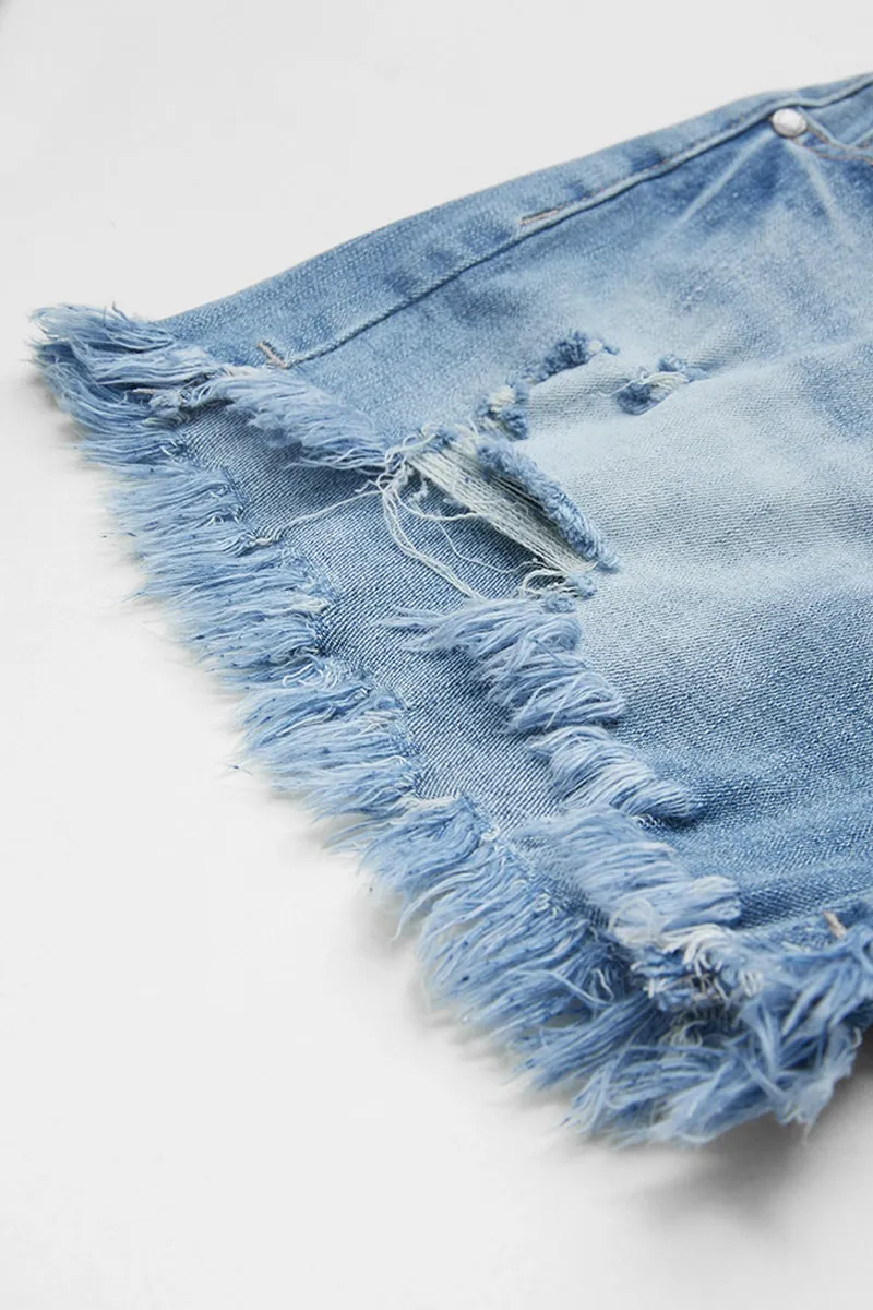 Embroidery Ripped Raw Hem Button Fly Mid Rise Denim Shorts