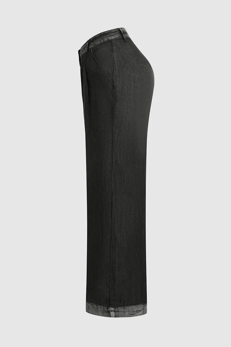 Wash Pleated Detail Wide Leg Mid Rise Jeans