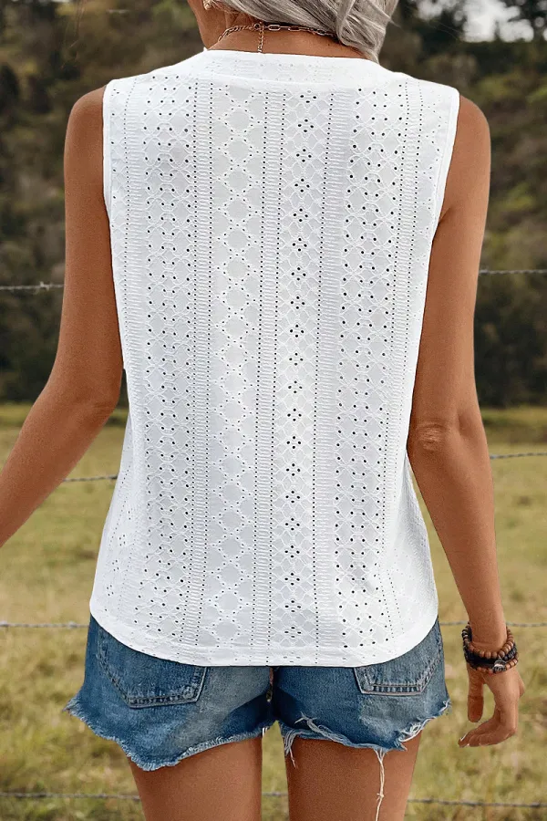 Eyelet Embroidery Flap Decor Half Zip Tank Top
