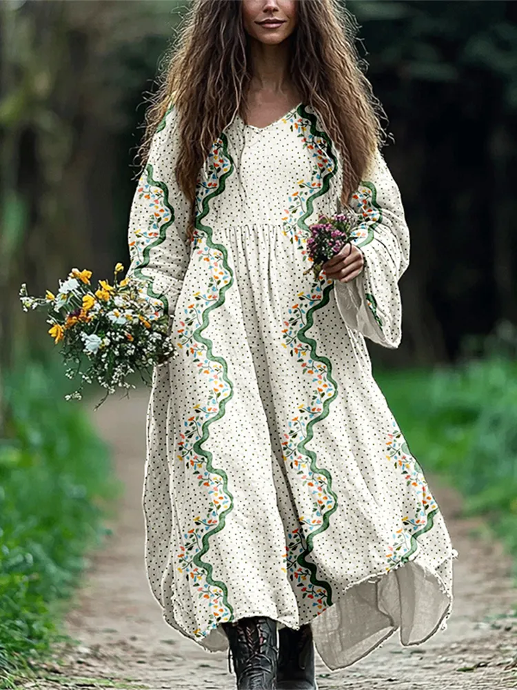 Vintage Boho Floral Flowy Linen Blend Maxi Dress