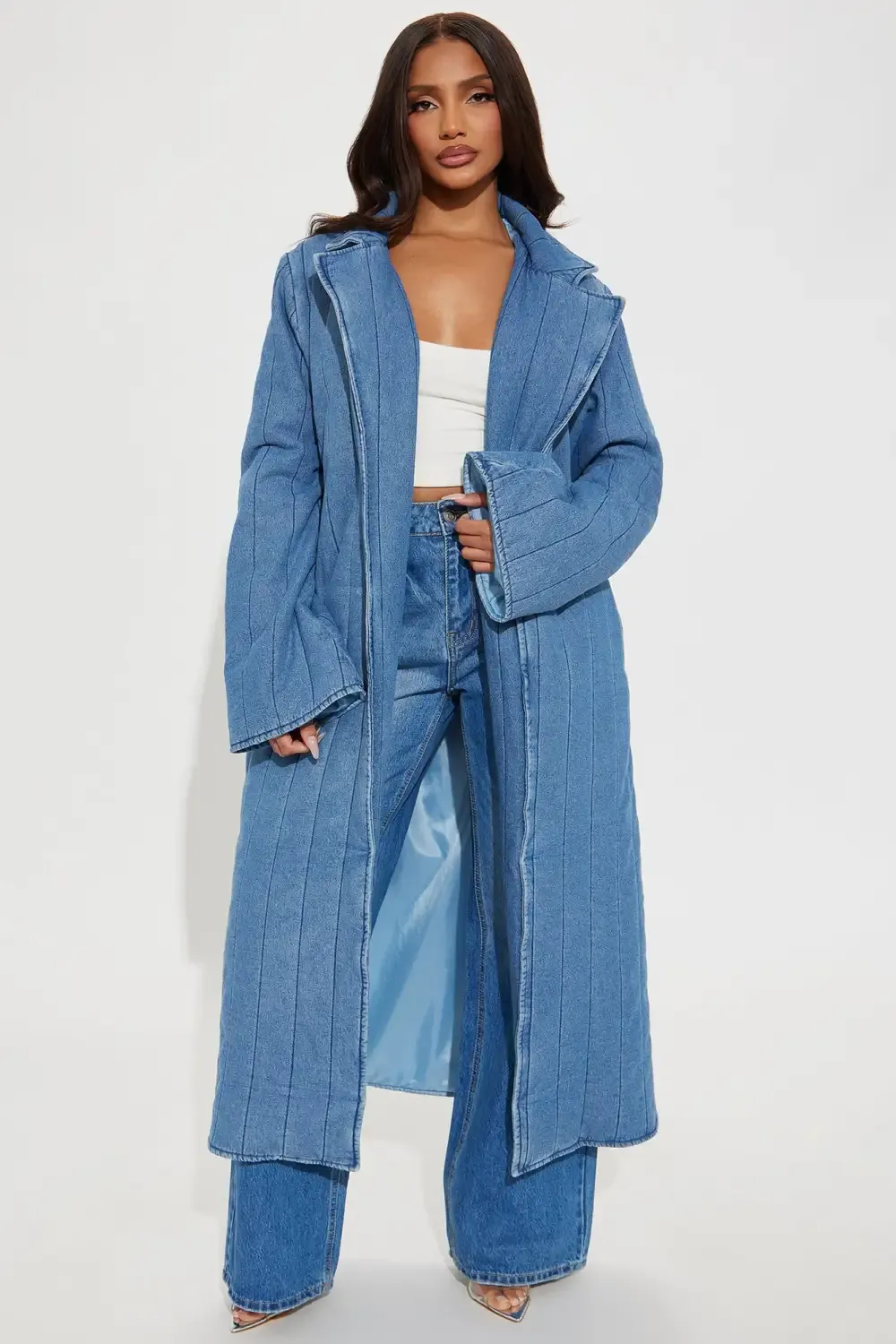 Kiara Quilted Denim Trench - Medium Wash