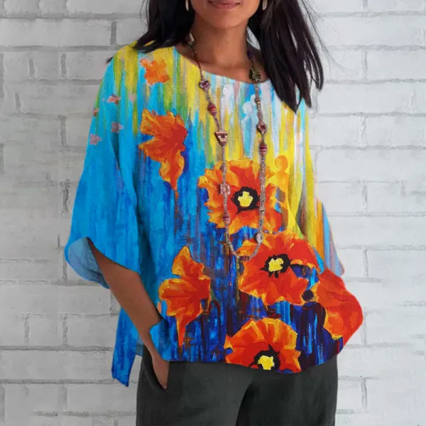 Ukrainian Floral Oil Print Women's Linen Top