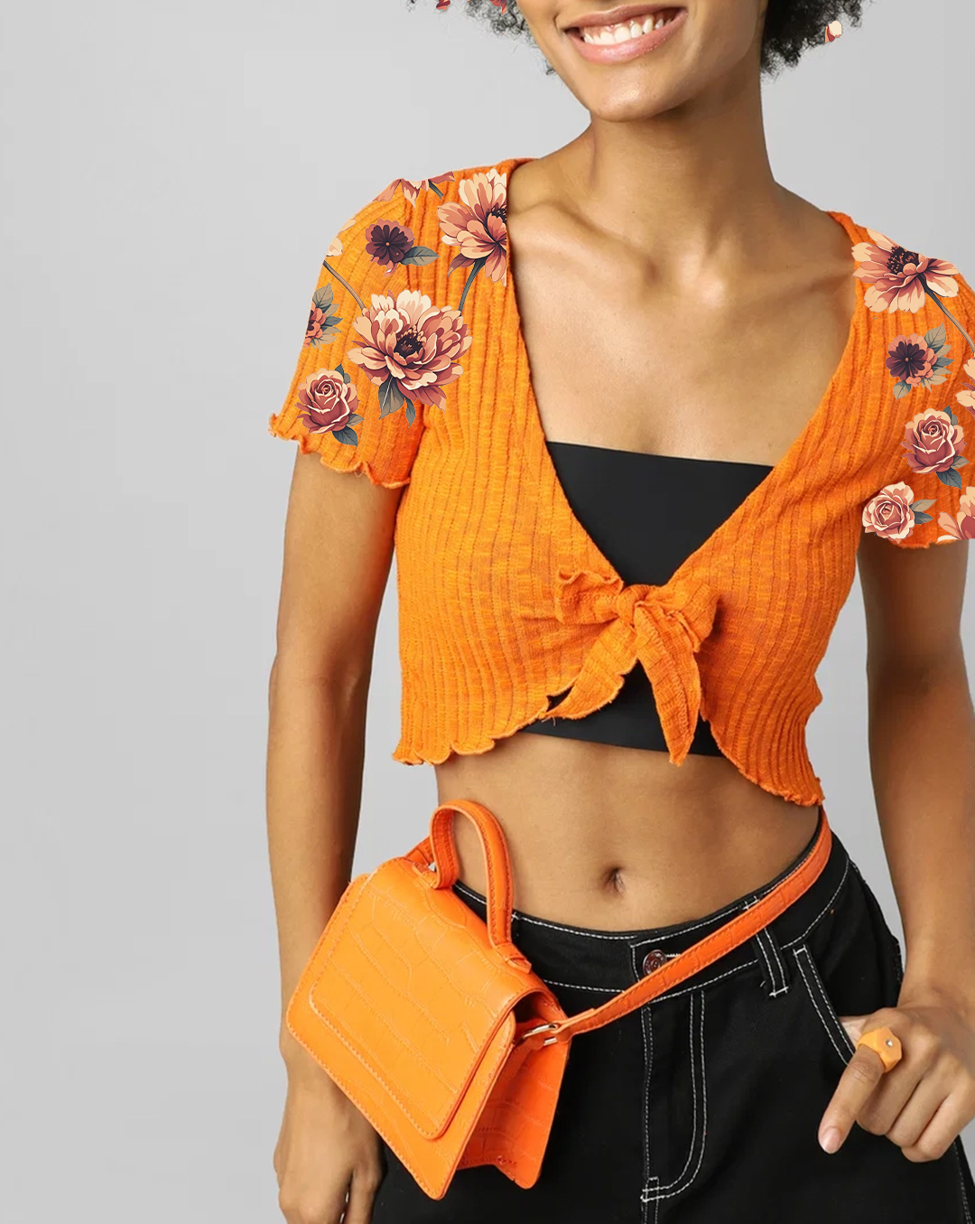 Orange Floral Print Tie Front Short Sleeve Cropped Top