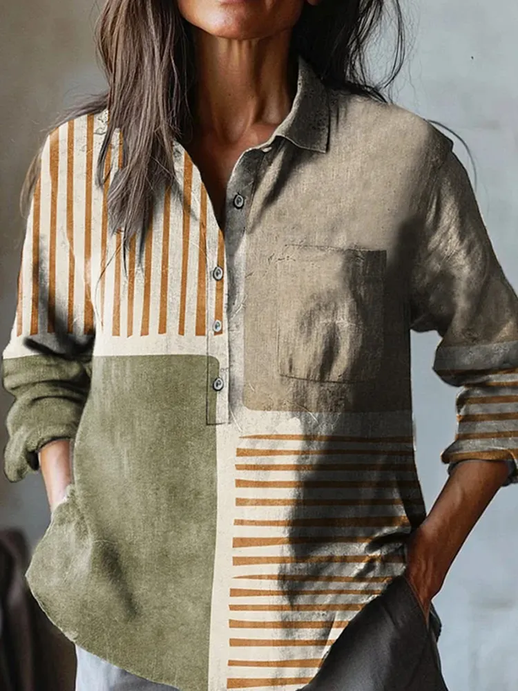 Women's Geometric Abstract Art Print Casual Cotton And Linen Shirt