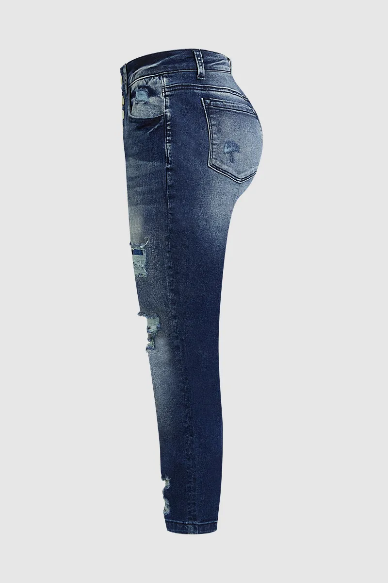 Cut Out Button Fly Roll Hem High Waist Capri Jeans