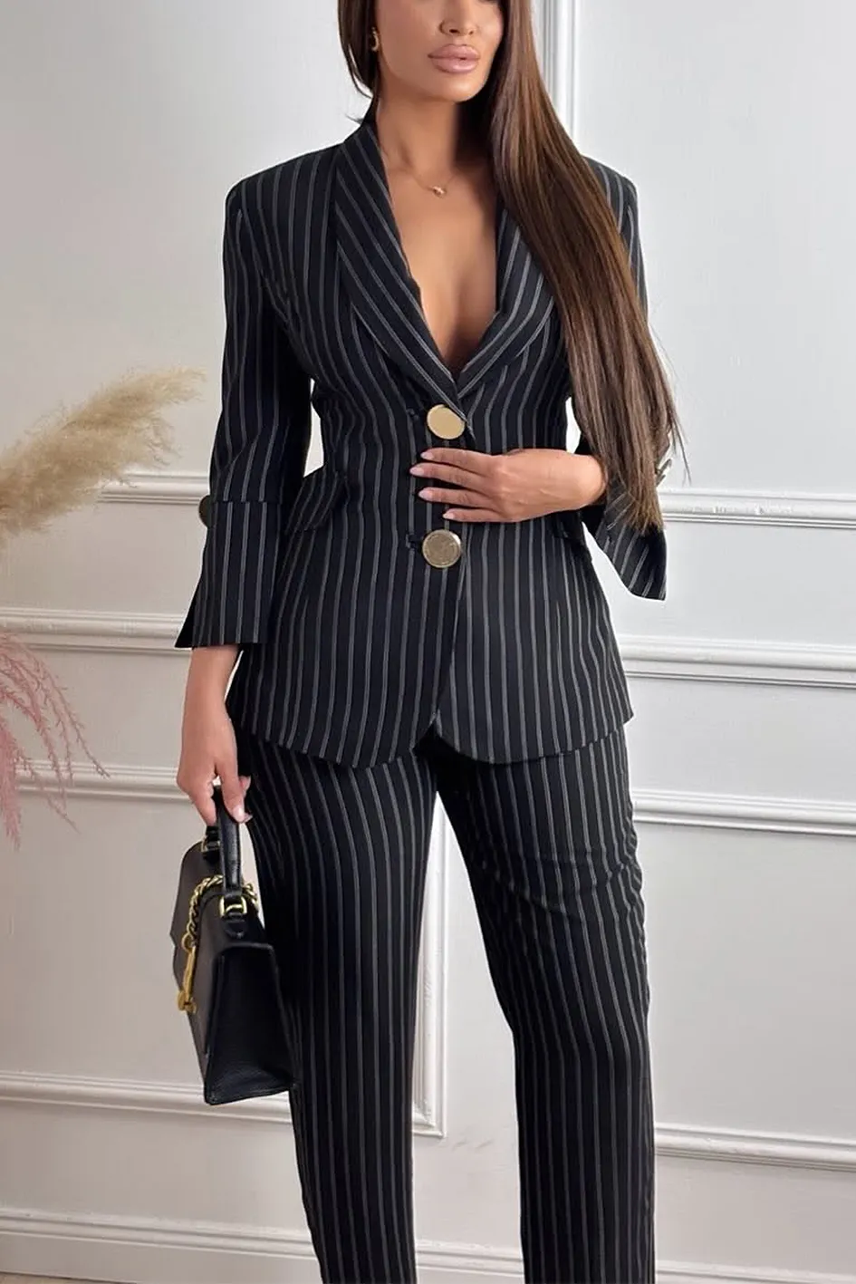 Women'S Fashion Striped Casual Slit Top And Pants Two-Piece Set