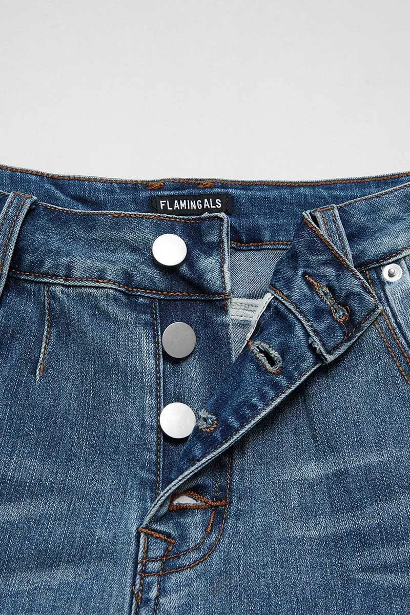 Wash Button Fly Stitch Detail Low Rise Straight Leg Jeans
