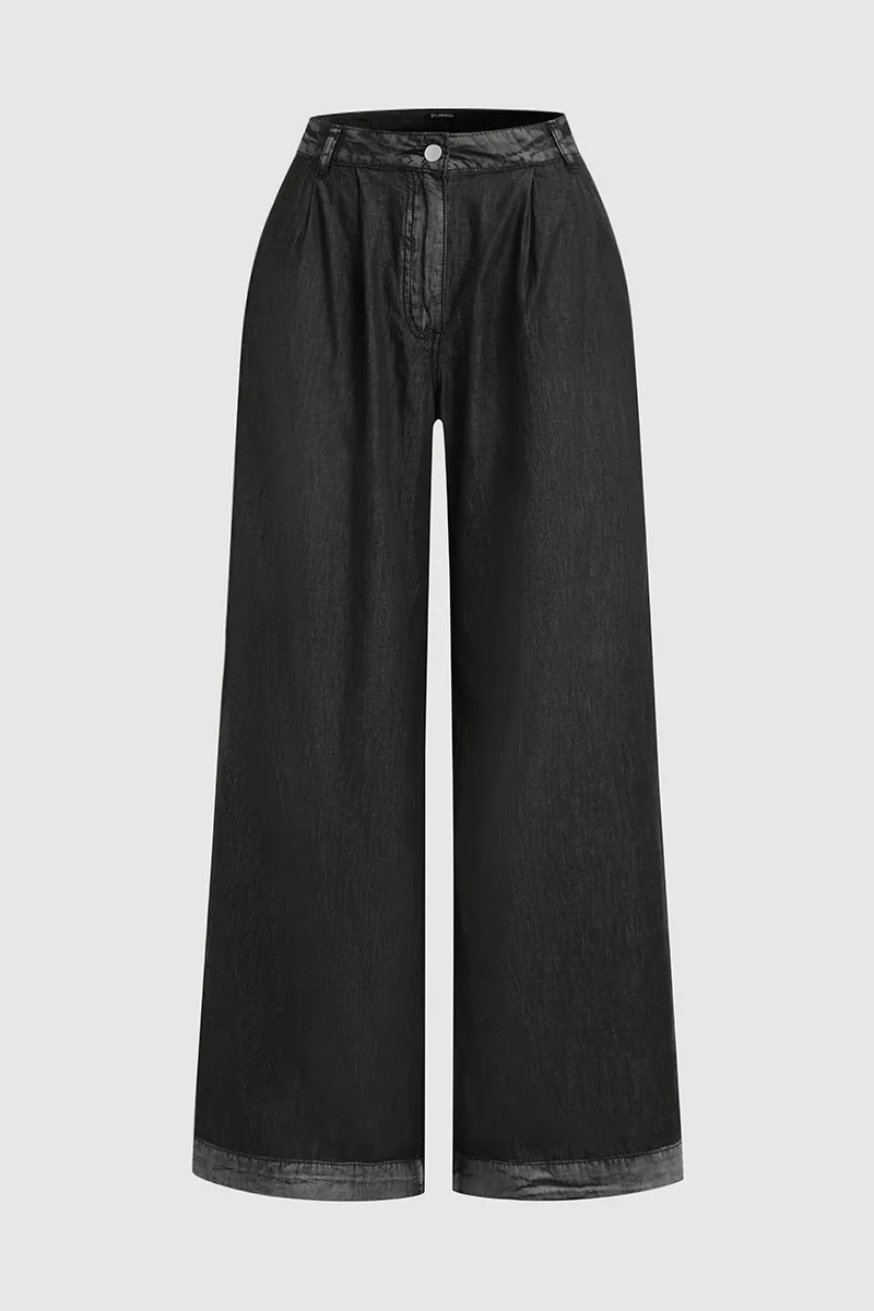 Wash Pleated Detail Wide Leg Mid Rise Jeans