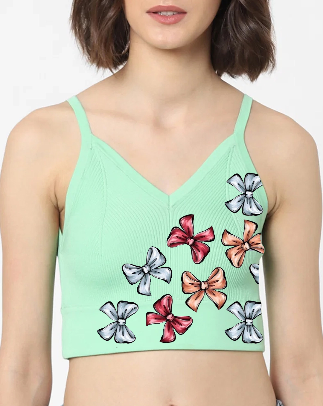 Light Green Ribbed Bow Print Cami Cropped Top