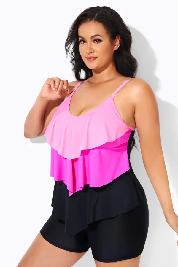 Plus Size Colorblock V-Neck Ruffle Women Tankini Top
