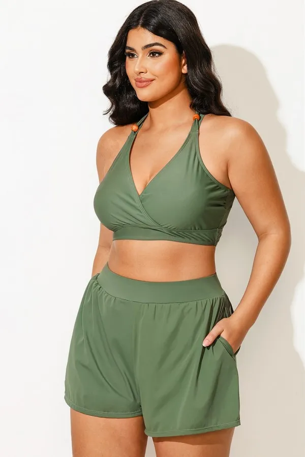 Plus Size Green V-Neck Crossback Bikini Top