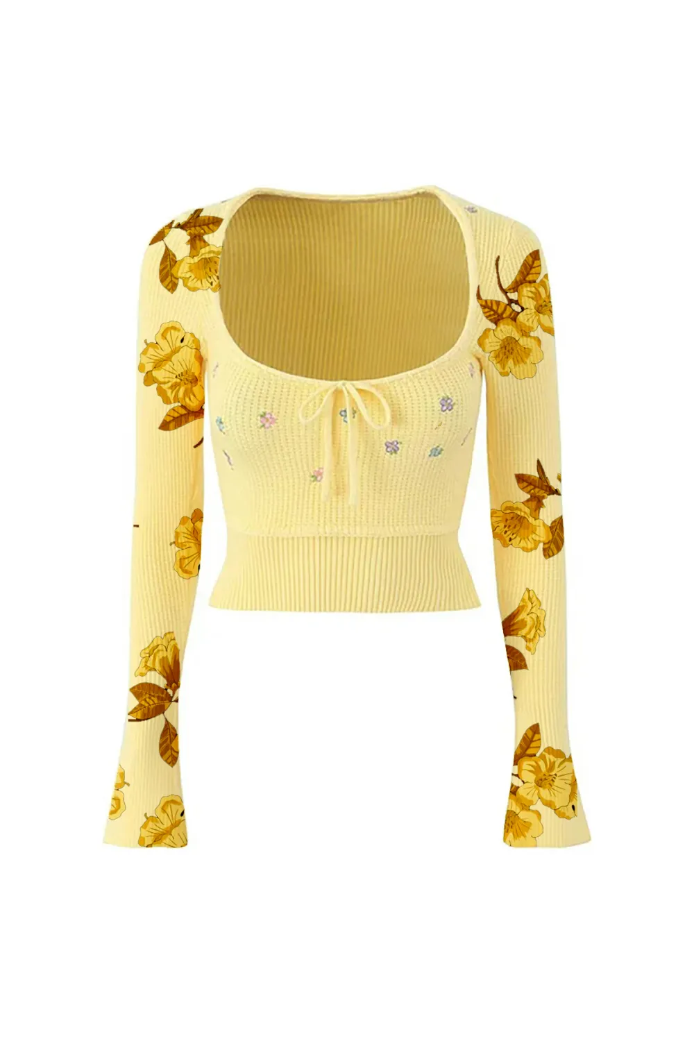 Cute Tie Neck Floral Embroidery Long Sleeve Crop Ribbed Knit Sweater