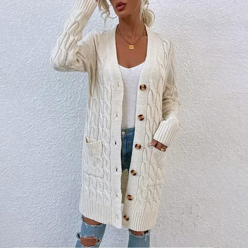 New long coat twist rope solid color cardigan sweater