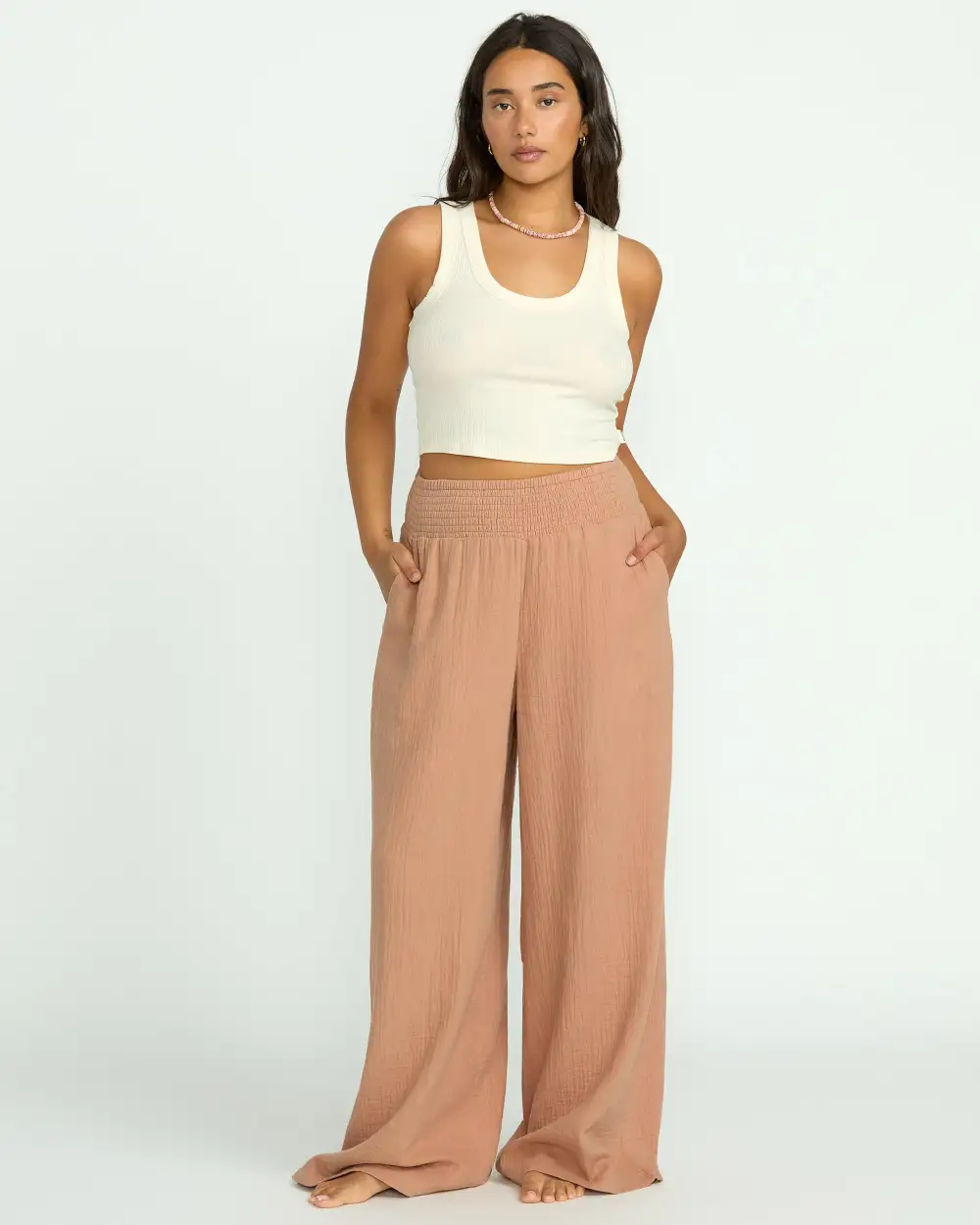 New Waves Gauze Elastic Waist Pants - Rose Brown