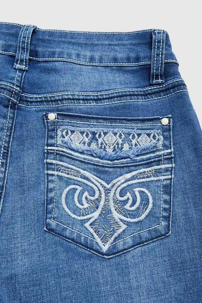 Wash Baroque Embroidery Mid Rise Bootcut Jeans Without Belt