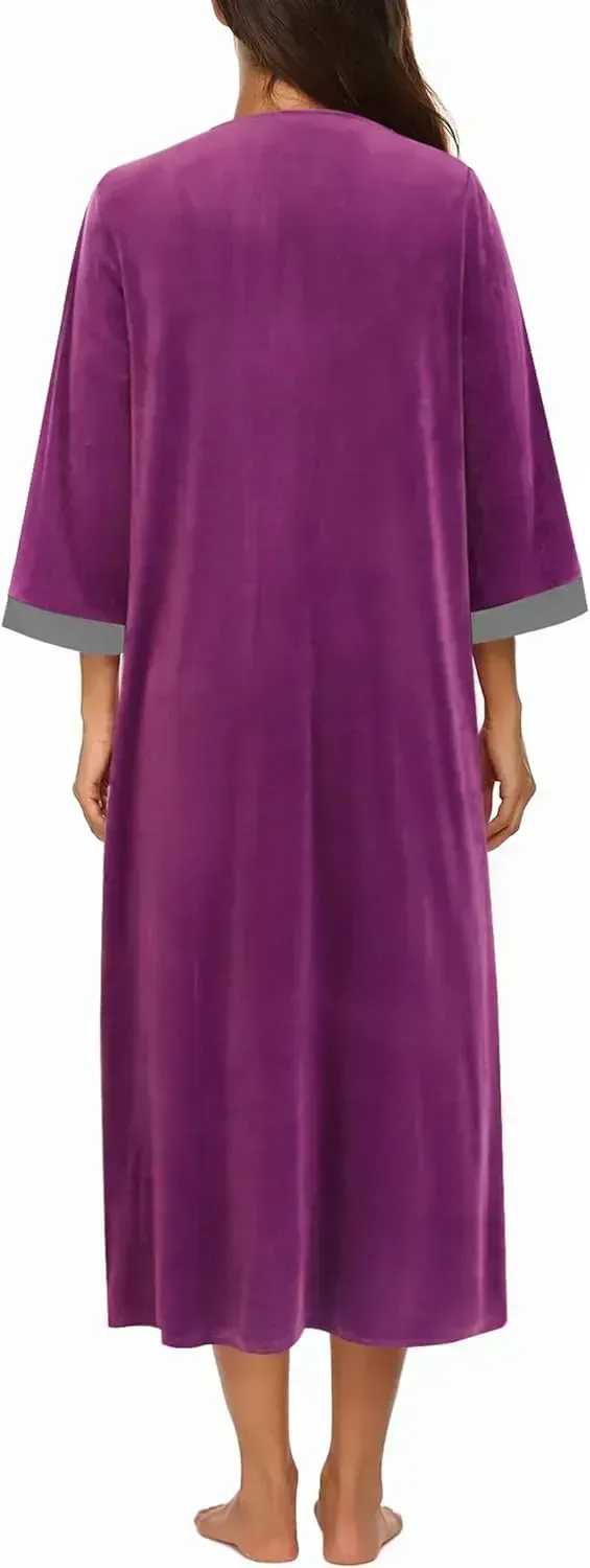 Women Zipper Robe 3/4 Sleeves Loungewear Dress Full Length Sleepwear Pockets Housecoat Nightgown Long Bathrobe