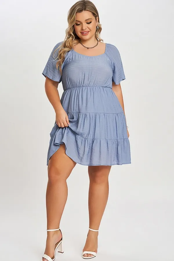 Denim Color Tiered Style Ruffle Sleeves Party Dress