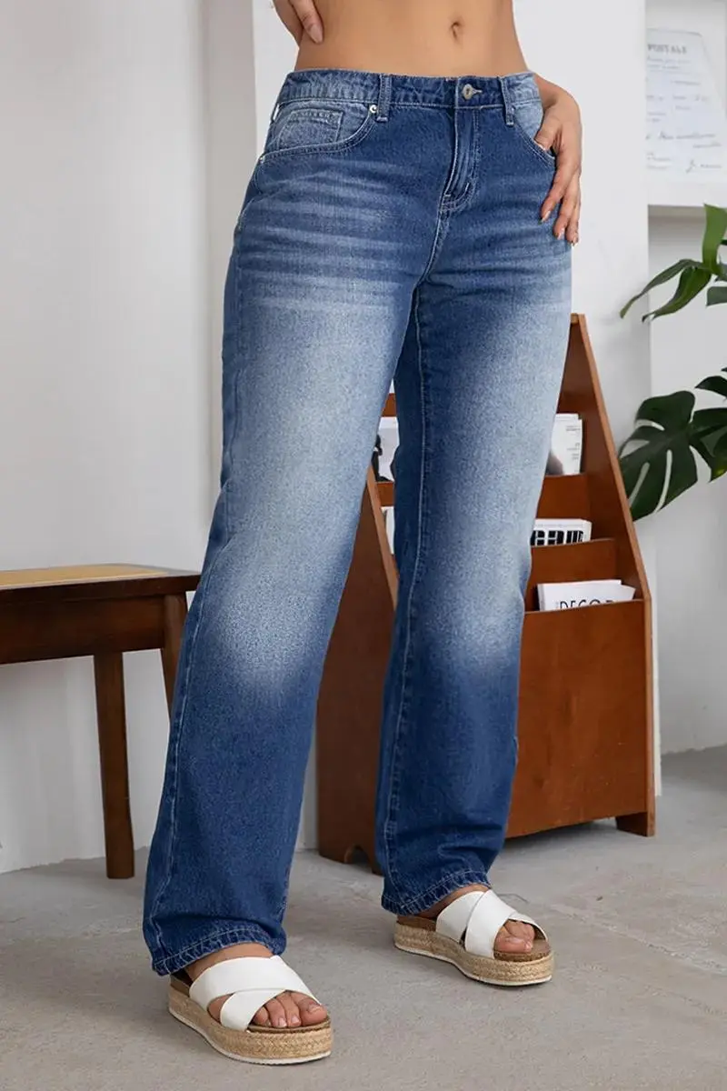 Wash High Stretch Low Waist Straight Leg Jeans