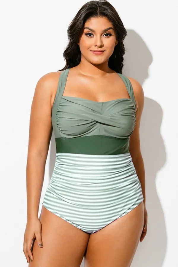 Green Striped Twist Front Skinny One Piece Swimsuit