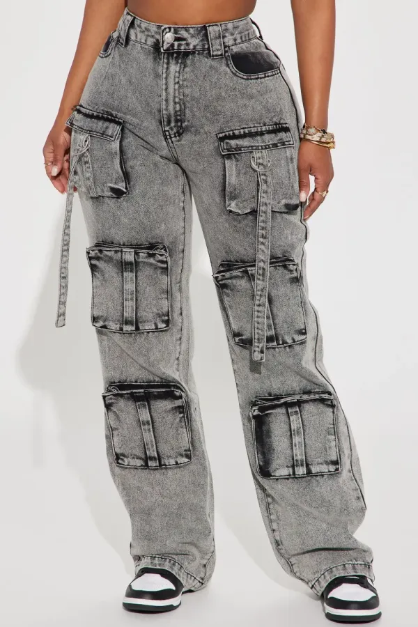 Somehow Somewhere Non Stretch Cargo Straight Leg Jeans - Acid Wash Grey