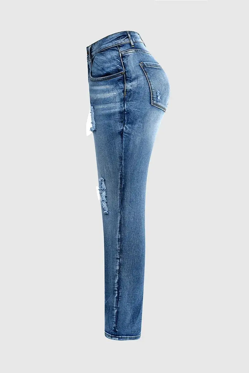 Washed Ripped Roll Hem Low Rise Skinny Jeans