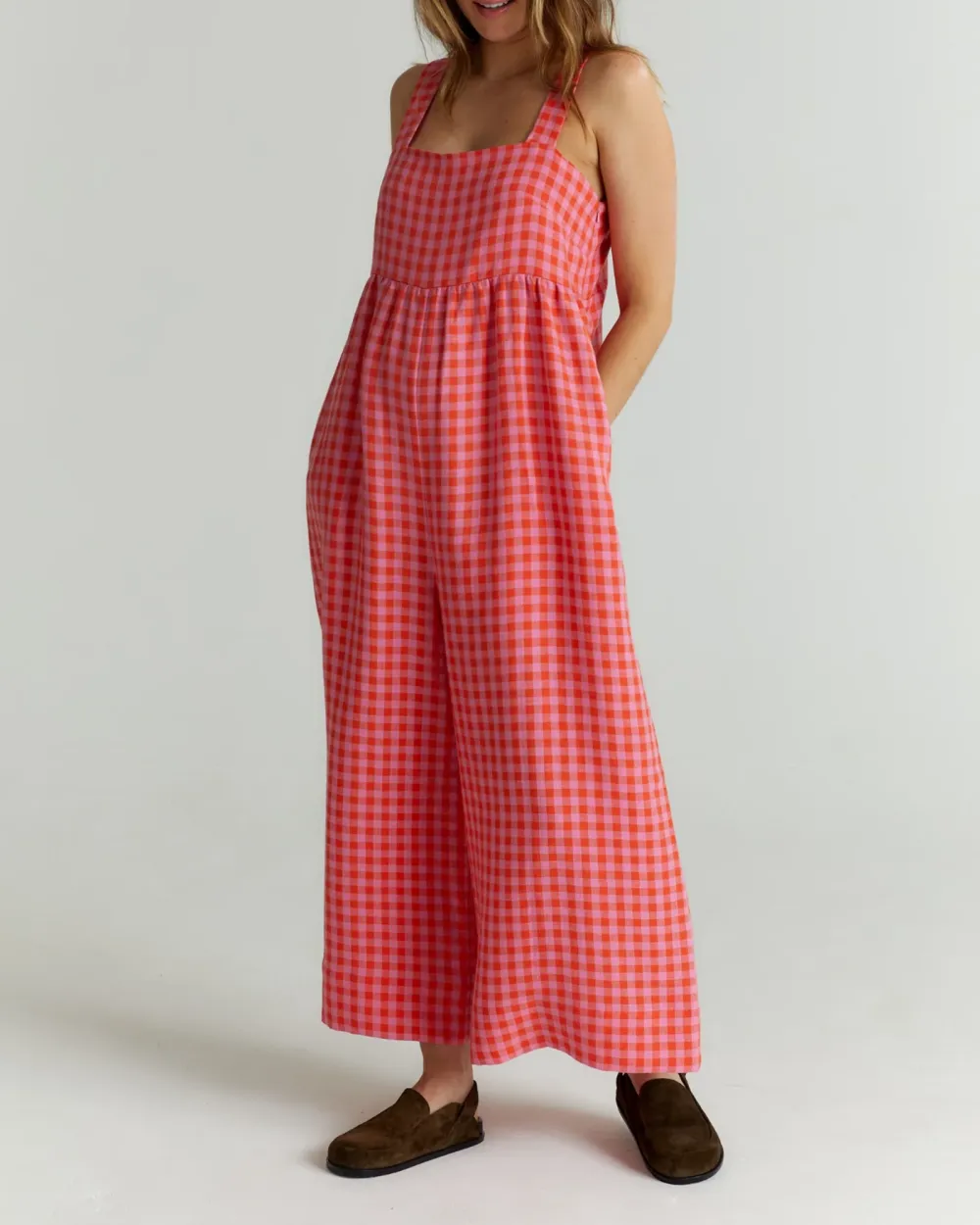 TOMATO & PINK CHECK LINEN JUMPSUIT