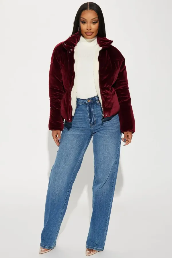 Cici Velvet Puffer Jacket - Burgundy