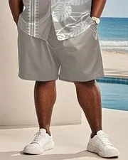 Big & Tall Men's Grey Gradient Coconut Tree Print Shirt and Shorts Suit