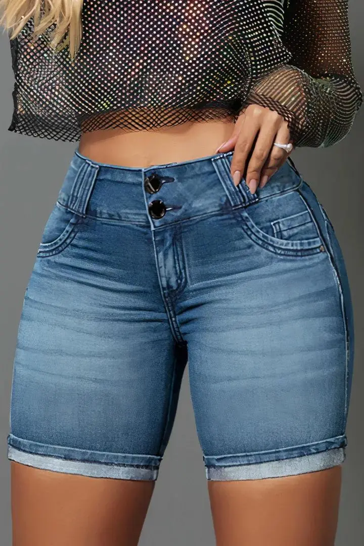 Double Button Roll Hem High Waist Denim Mid Thigh Shorts