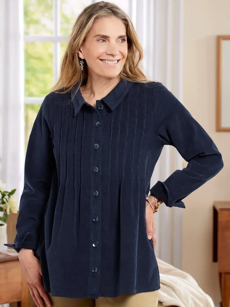 Women's Pintucked Floral Corduroy Tunic Top