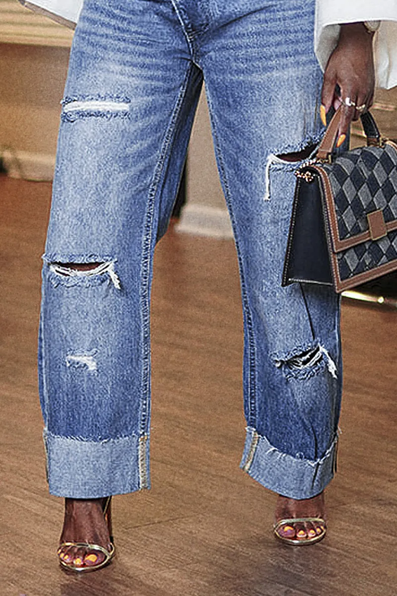 Cut Out Roll Hem Raw Hem Asymmetrical High Waist Straight Leg Jeans