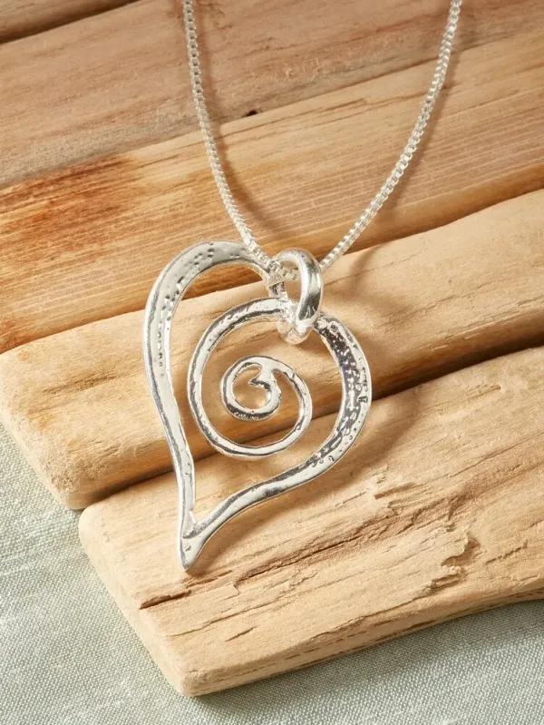Swirling Heart Double-Sided Silver Pendant Necklace
