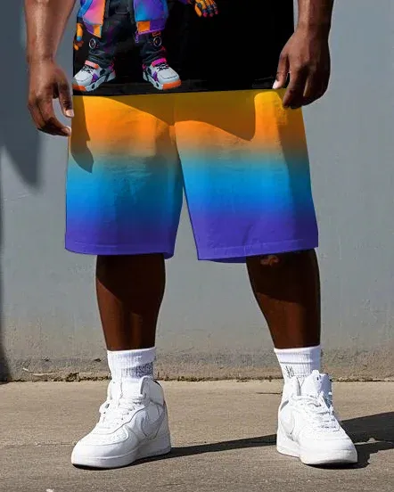 Men'S Big Size Hip Hop Gradient Cartoon Hoodie Bear Printed Casual Short Sleeve T-Shirt Shorts Set