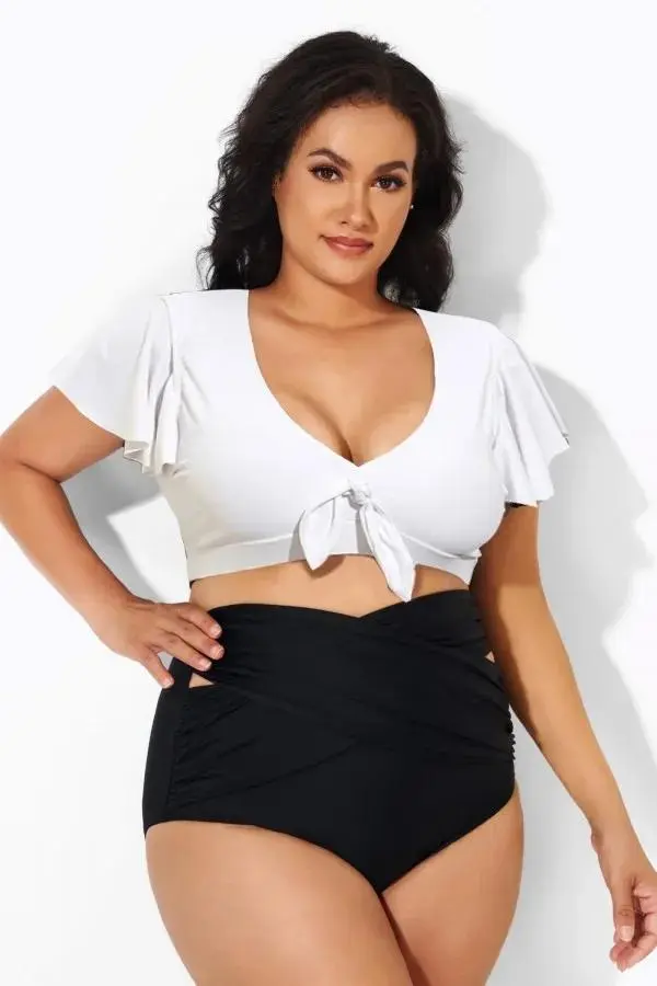 White Flutter-Sleeve Tie Detail Bikini Top