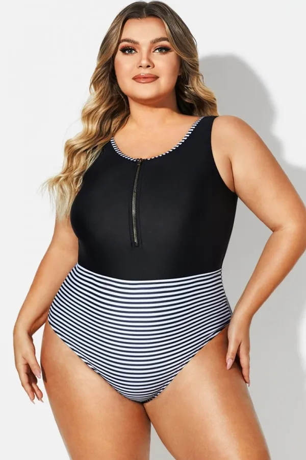 Black & White Striped Front Zip One Piece Swimsuit