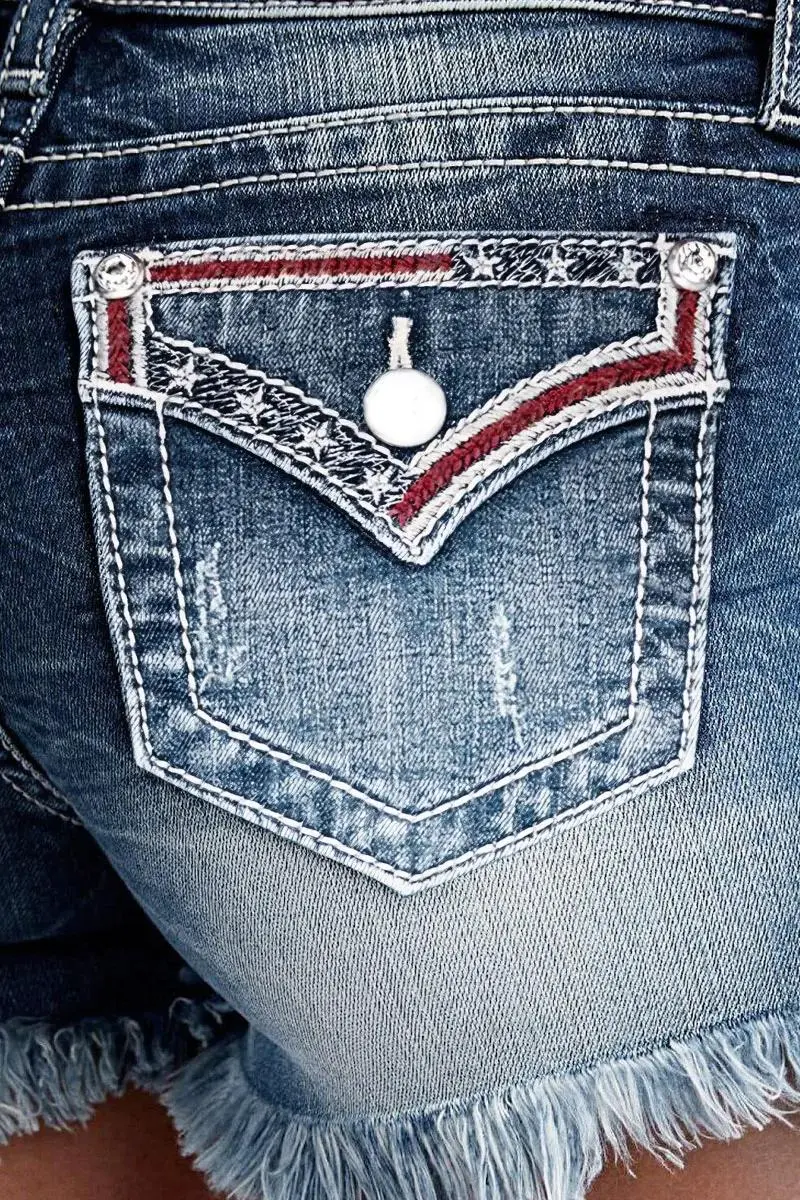 Star Embroidered Raw Hem Mid Rise Denim Shorts