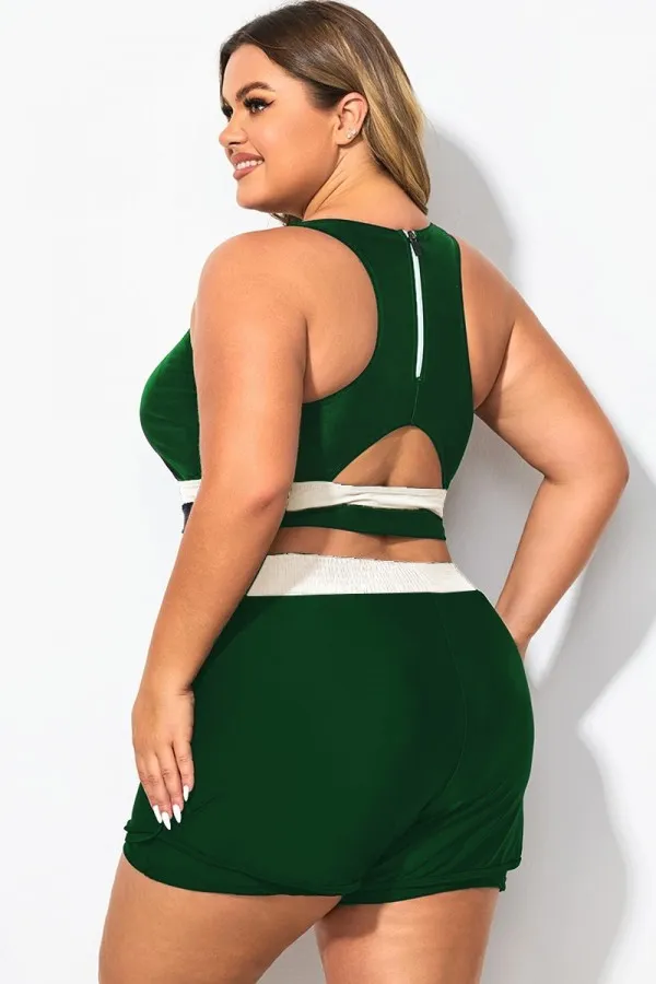 Plus Size Round Neck Colorblock Patchwork Bikini Top