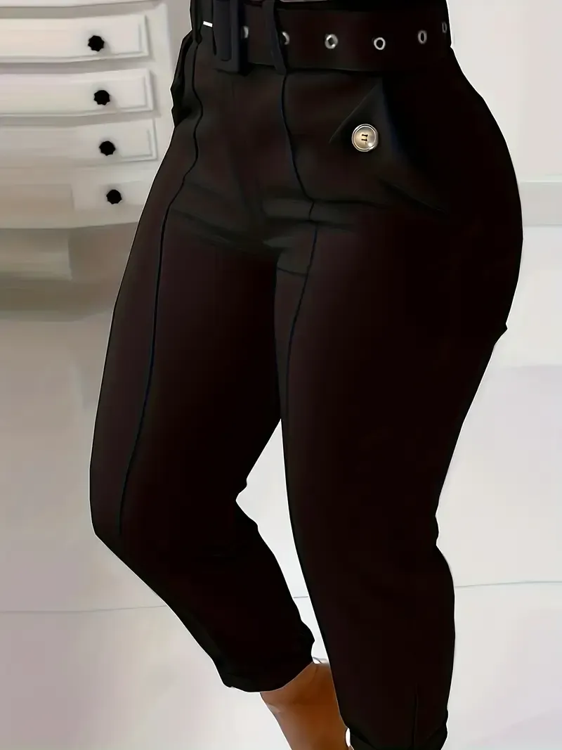 Skinny Leggings Pants - Solid Belted, Slant Pocket Button, Casual Every Day - Women's Clothing