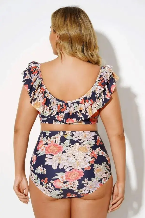 Flower Print Ruffle Bikini with High Waist Bottom