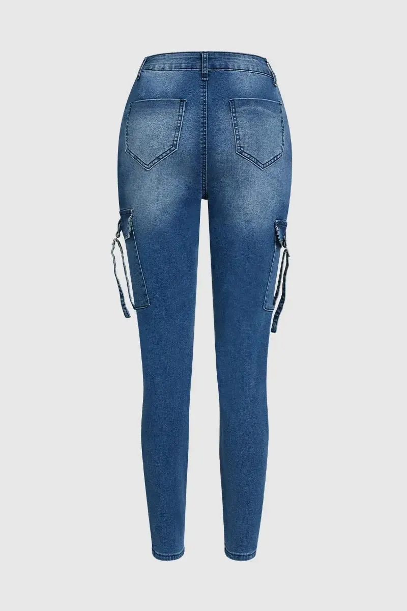 Buckle Strap Flap Pocket Side High Waist Skinny Cargo Jeans